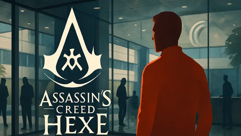 Логотип Assassin's Creed Hexe на фоне студии Ubisoft