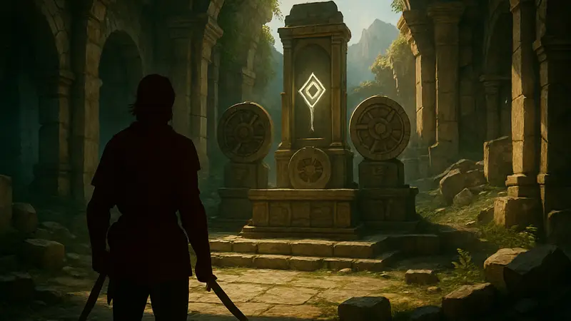 Герой Crimson Desert осматривает Святилище Приношения в поисках частей головоломки.