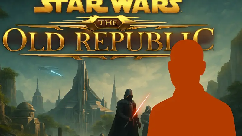 Кейси Хадсон, директор Star Wars: Fate of the Old Republic, на фоне логотипа игры