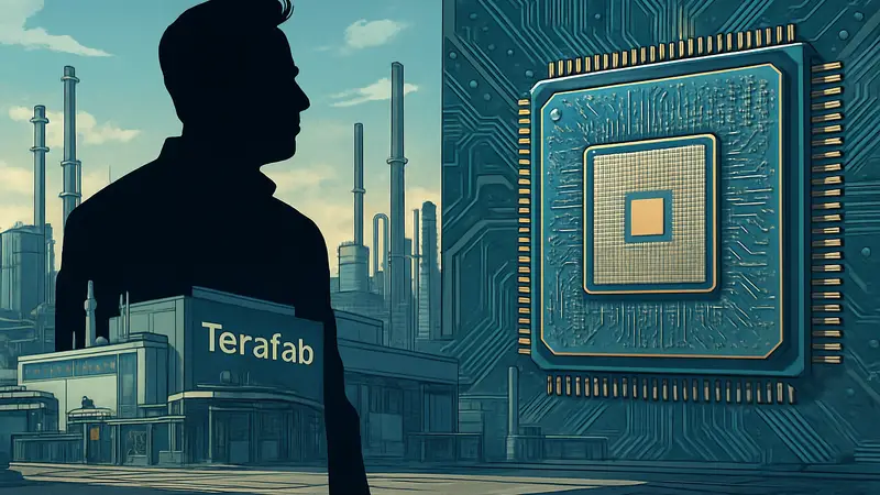 Илон Маск на фоне футуристического завода или микросхем.