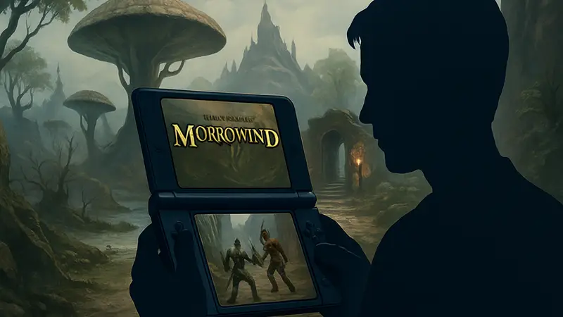 Игрок запускает The Elder Scrolls Morrowind на портативной двухэкранной консоли, демонстрируя фанатский мод