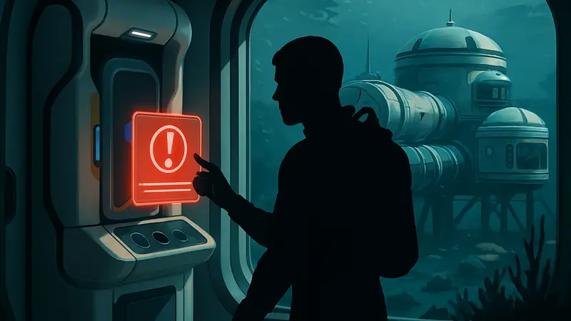 Интерфейс игры Subnautica 2, окно Фабрикатора с сообщением об ошибке или скриншот построенной подводной базы.