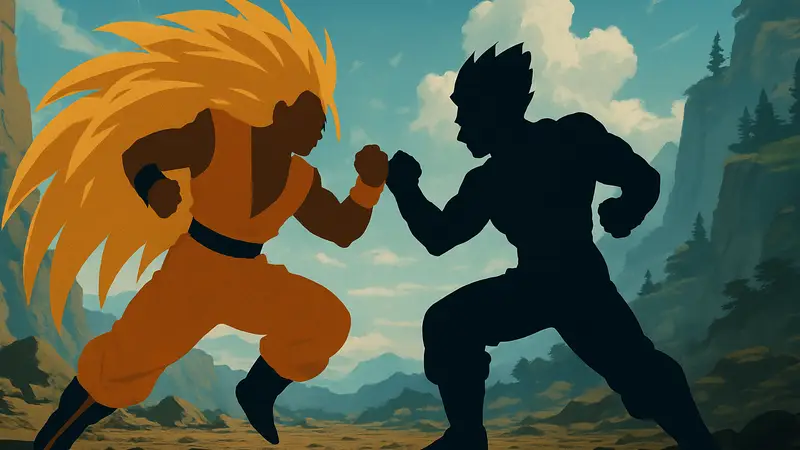Гоку в форме Super Saiyan 3 и Ultimate Гохан сражаются в Dragon Ball Z.