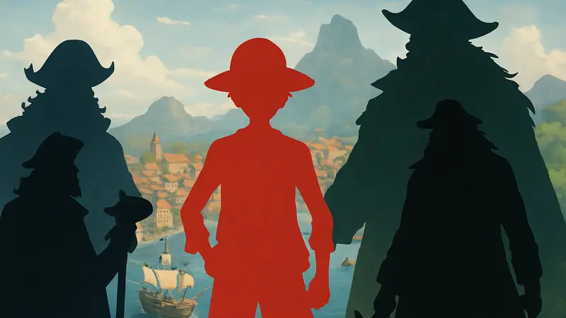 Персонажи из One Piece, такие как Луффи, Черная Борода и другие, изображенные как потенциальные Короли Пиратов.