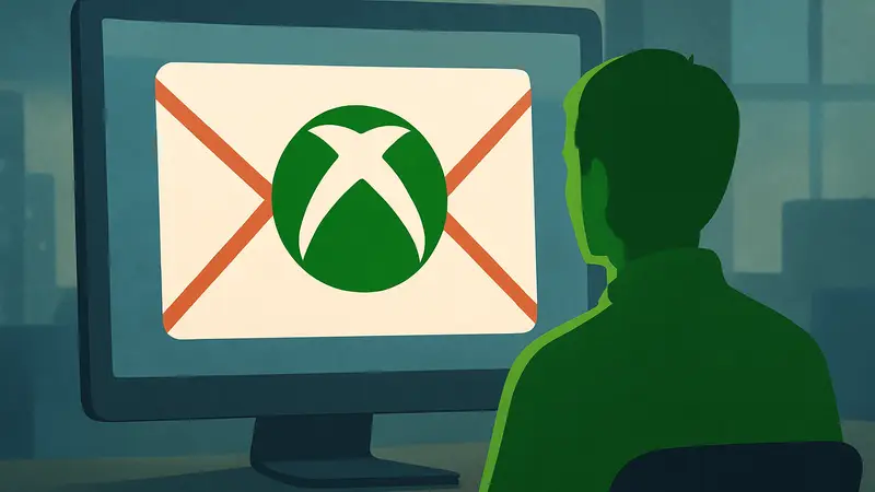 Логотип Xbox на фоне электронного письма, символизирующий новую инициативу Microsoft с Xbox-адресами.