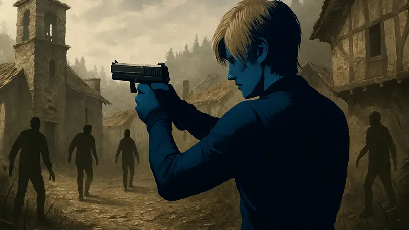 Леон Кеннеди из Resident Evil прицеливается из пистолета, готовясь стрелять по зараженным. Совет по меткости.