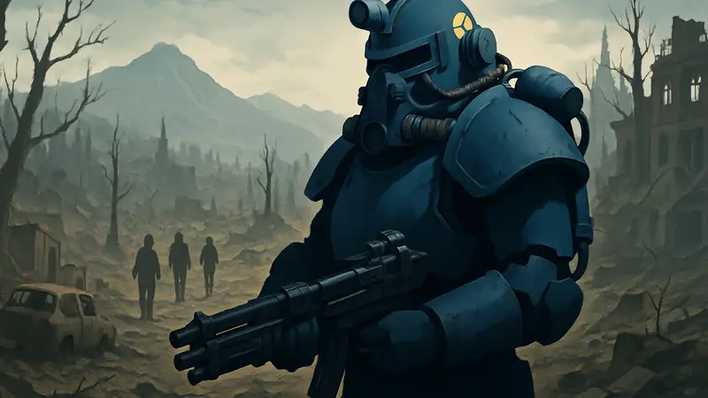 Персонаж Fallout 76 с новым снаряжением, постапокалиптический мир.