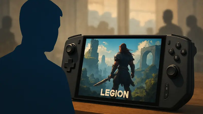 Портативный игровой ПК Lenovo Legion Go 2 с включенным экраном и контроллерами.