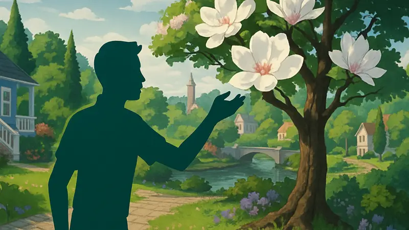 Сим из The Sims 4 ищет Цветок Магнолии для квестов Lost Legacies Week 3. Игровой мир Sims 4, цветущее дерево магнолии.