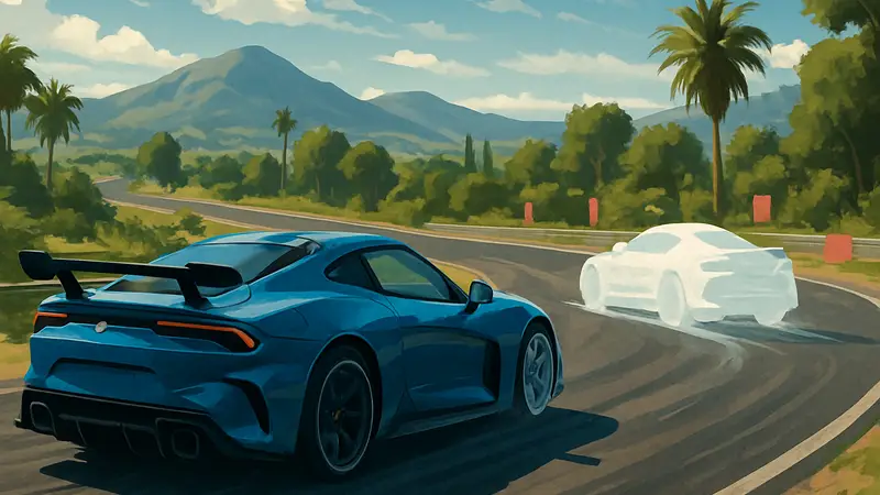 Автомобиль гоняет по трассе в Forza Horizon 6, преследуя прозрачный призрак соперника.
