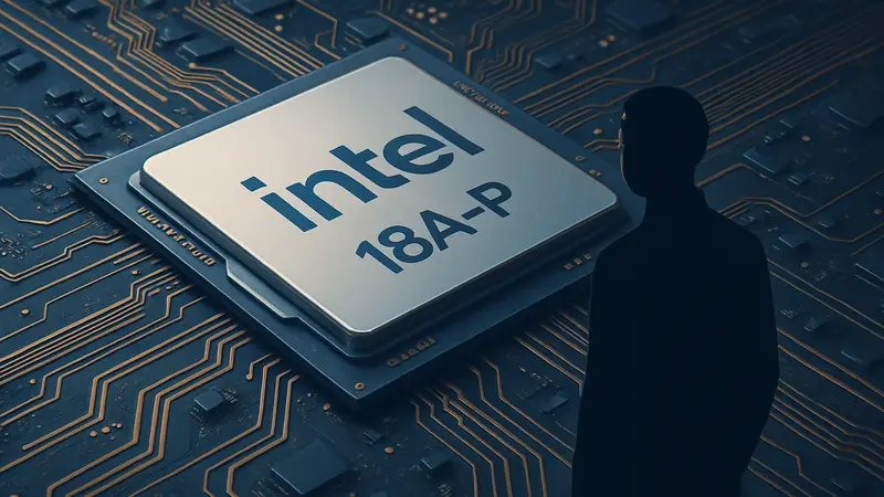 Макет процессора Intel 18A-P на фоне микросхем, демонстрирующий улучшенную технологию.