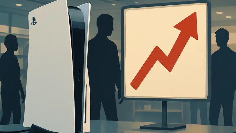 Консоль PlayStation 5 на фоне ценника с выросшей стоимостью