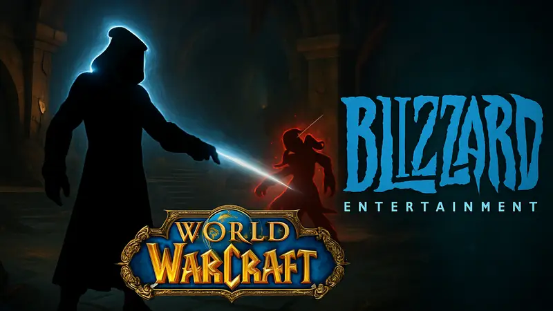 Скриншот из World of Warcraft с персонажем Гейм Мастера или интерфейсом Mythic+ подземелья, логотип Blizzard