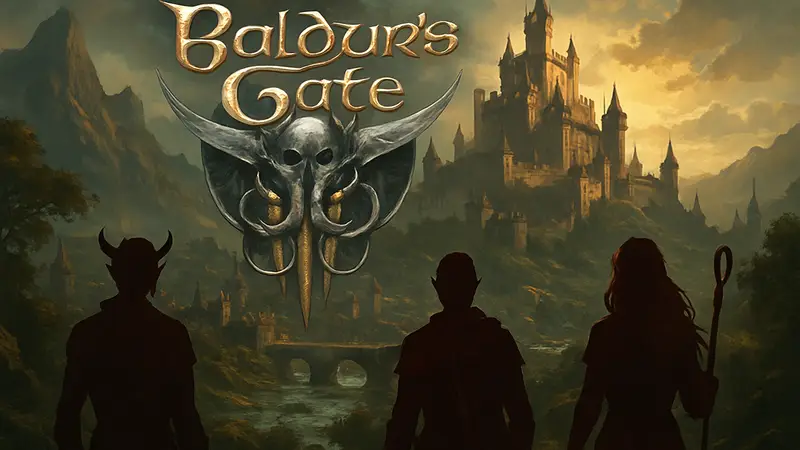 Логотип Baldur's Gate на фоне фэнтезийного мира, с указанием даты релиза 21 июля.