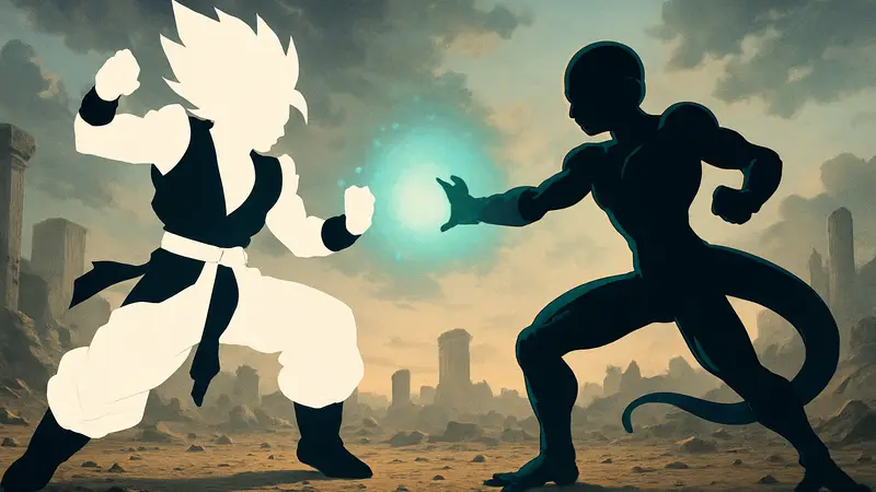 Арт слияния Гогеты или Веджитто из Dragon Ball, сражающихся с Чёрным Фризой.