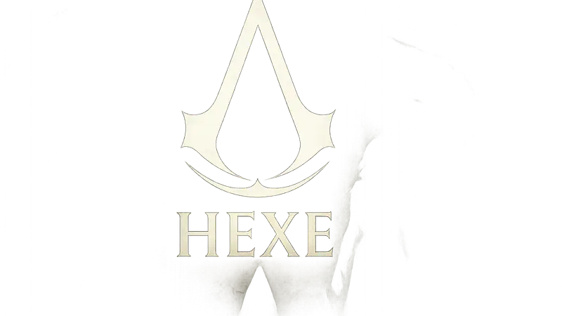 Логотип Assassin's Creed Hexe на тёмном фоне, намекающий на тему магии и страха