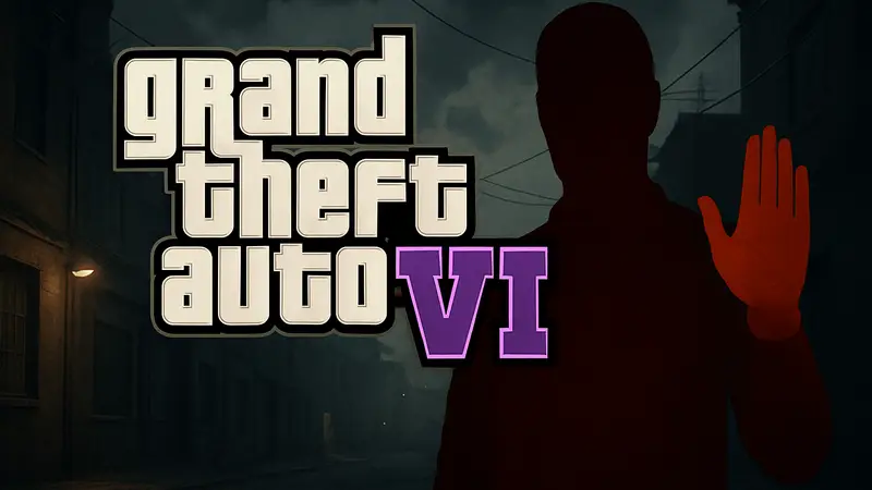 Логотип GTA 6 на тёмном фоне, с намёком на предостережение.