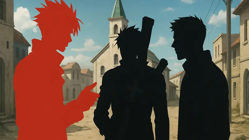 Групповой кадр из аниме TRIGUN STAMPEDE с Вашем, Вульфвудом и Ливио, обсуждающими план.