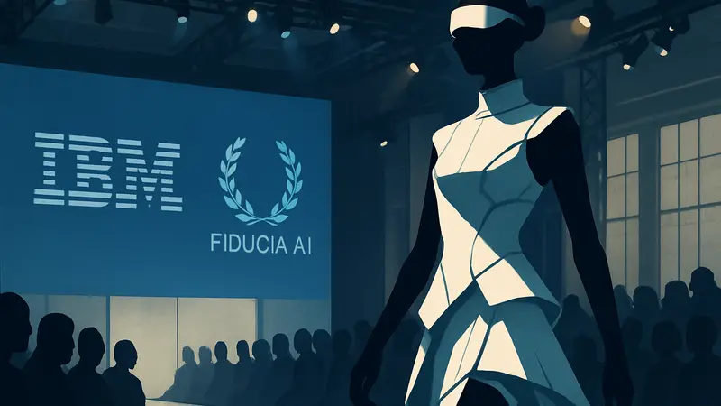Модель в футуристичном наряде от Кейт Бартон на показе IBM и Fiducia AI на NYFW, демонстрирующая симбиоз технологий и стиля.