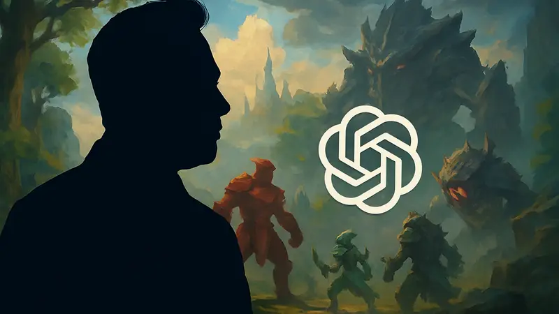 Илон Маск и логотип OpenAI на фоне иллюстрации из Dota 2, символизирующие сотрудничество в ИИ.