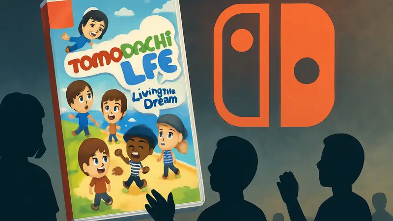 Обложка игры Tomodachi Life: Living the Dream на фоне логотипа Nintendo Switch.