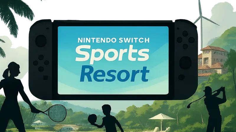 Логотип Nintendo Switch Sports: Resort на фоне силуэта новой консоли Nintendo Switch 2