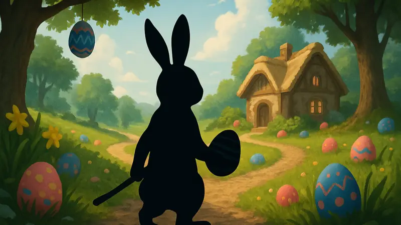 Скриншот или арт из видеоигры, где главный герой — кролик, в тематике Пасхи.