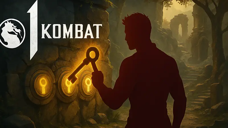 Логотип Mortal Kombat 1 и изображение бойца, решающего Ключи в режиме Вторжения.