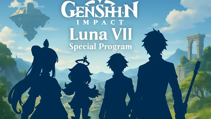 Логотип Genshin Impact Luna VII Special Program с новыми персонажами на фоне