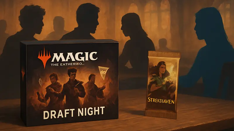Коробка MTG Draft Night с логотипом Magic: The Gathering и бустером Strixhaven