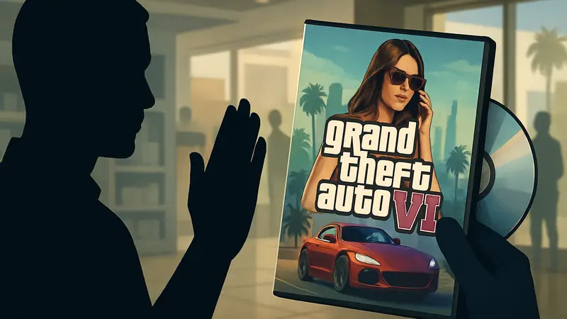 Коробка с диском Grand Theft Auto 6, опровергающая слухи об отсутствии физических изданий.