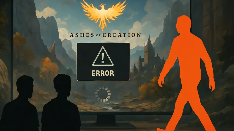 Игроки в MMO Ashes of Creation на фоне экрана загрузки, символизирующего проблемы и уход разработчиков.