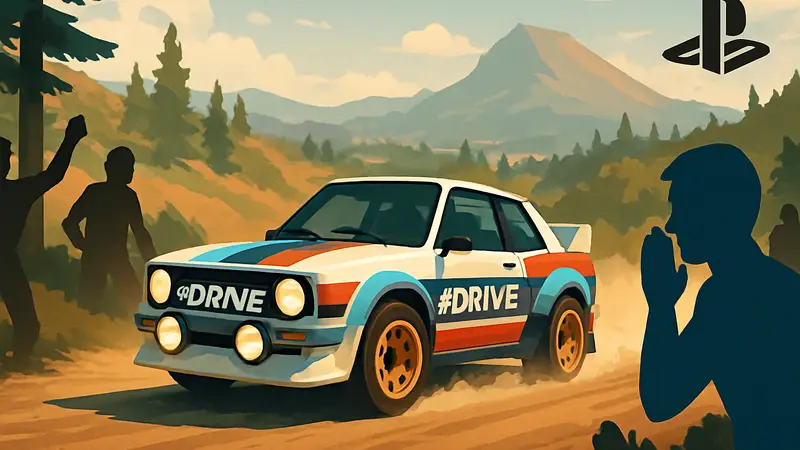 Гоночная машина из игры #DRIVE Rally в аркадном стиле на трассе, анонс для PS5.