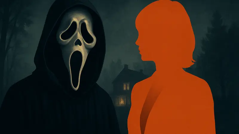 Призрачное лицо из фильма 'Крик' на постере, рядом с изображением Гейл Уэзерс.