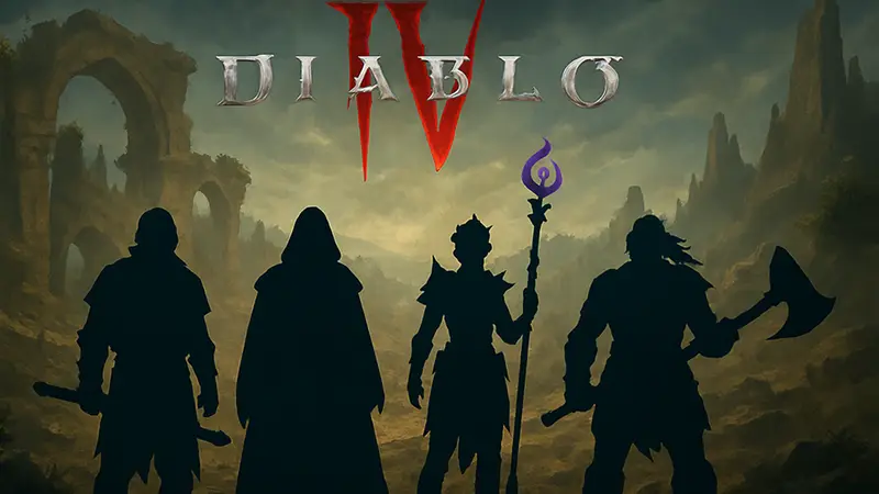 Обложка Diablo 4 с героями классов и логотипом игры. Патч 3.0.2 исправляет ошибки и баффает классы.