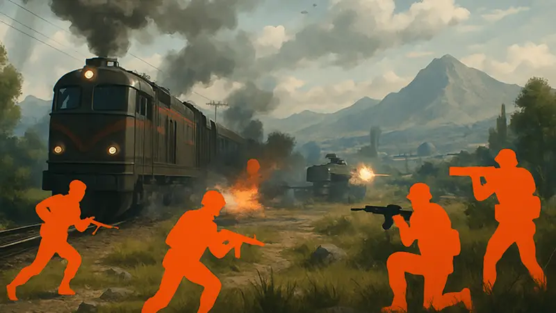 Кадры игрового процесса на карте "Железная дорога Голмуд" из Battlefield 6 с поездом и боевыми действиями.