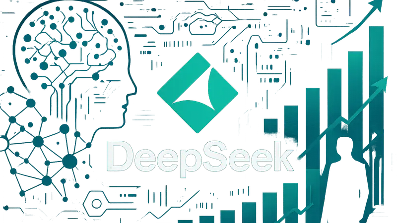 Логотип компании DeepSeek на фоне элементов искусственного интеллекта и растущих графиков