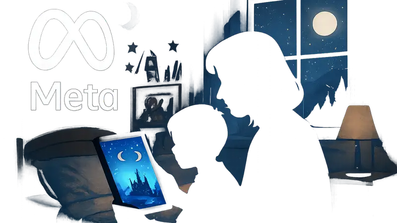Иллюстрация: логотип Meta и концепт ИИ-приложения StoryKit, генерирующего сказки на ночь для детей.