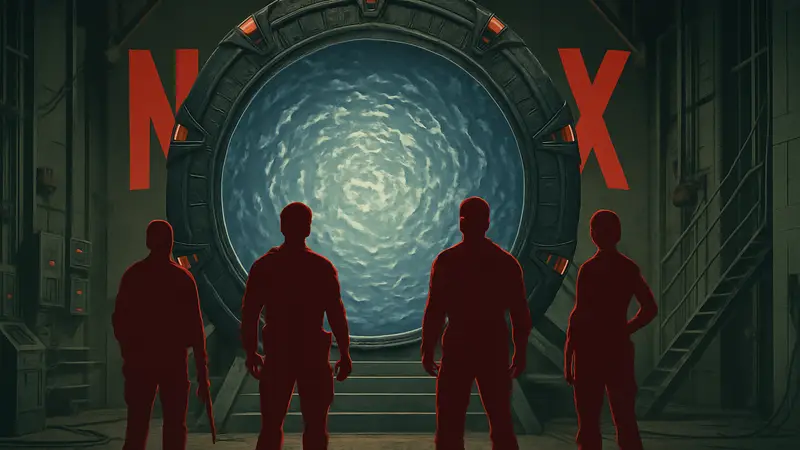 Изображение команды SG-1 из сериала Stargate SG-1, смотрящей на звездные врата, на фоне логотипа Netflix.