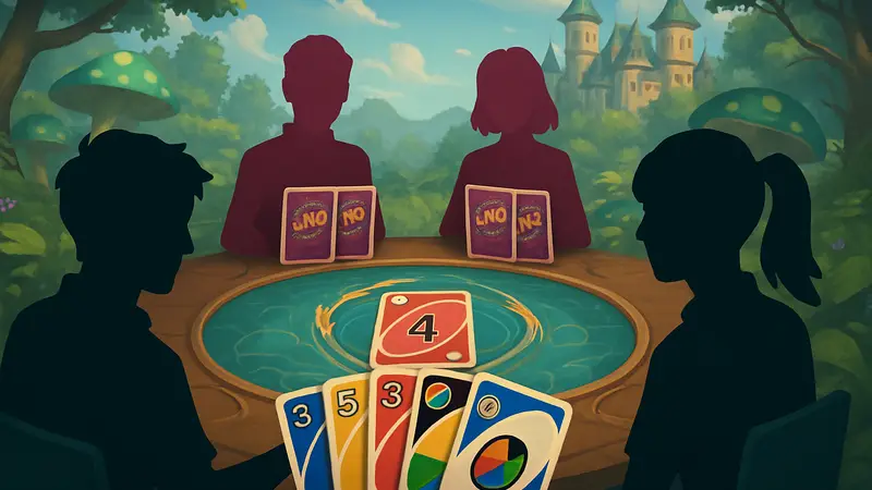 Игровой скриншот UNO Wonder Mobile, демонстрирующий командный режим «2 на 2» с карточками.