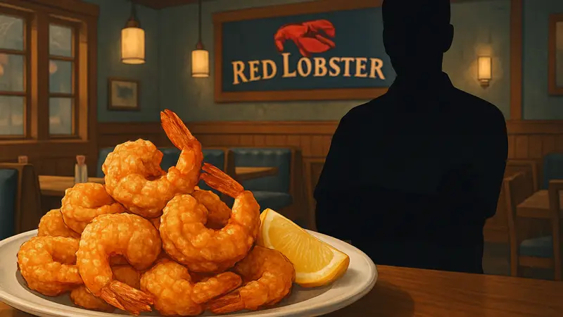 Тарелка с жареными креветками в ресторане Red Lobster на фоне недовольного сотрудника.