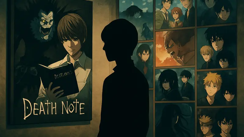 Обложка аниме Death Note и коллаж из постеров других аниме, похожих по стилю.