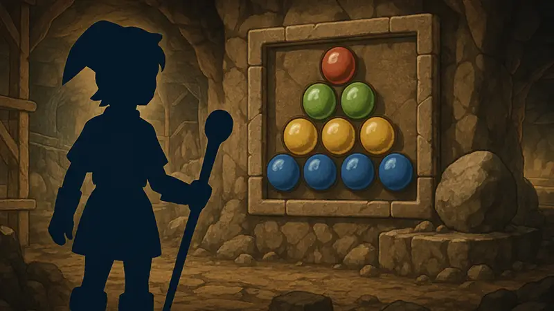 Скриншот головоломки с шарами на Подземном уровне 4 Шахт Радуги в Dragon Quest 7 Reimagined.