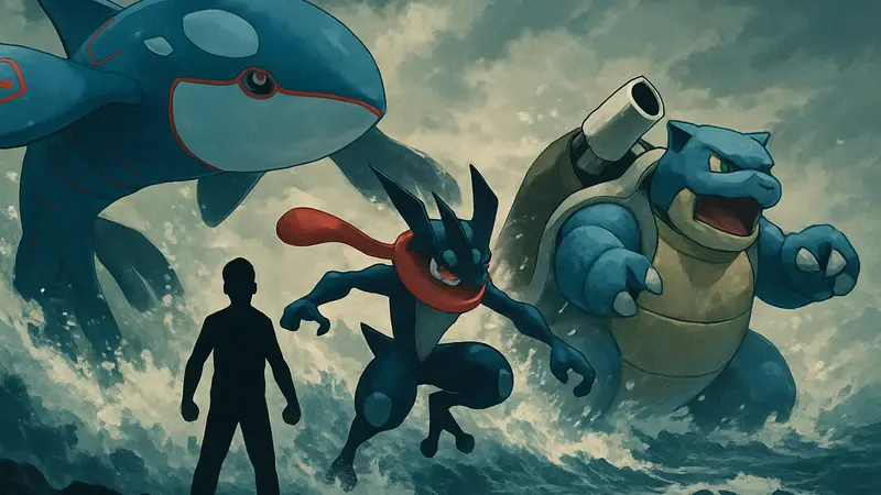 Сборник лучших водных покемонов: Kyogre, Greninja и Blastoise в одном изображении, показывающем их мощь.