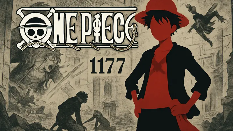 Логотип One Piece и иллюстрация Луффи на фоне главы 1177