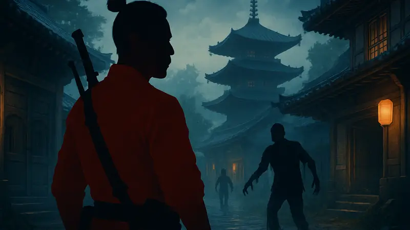 Такео из Black Ops Zombies в локации Kowakujo, зомби на заднем плане