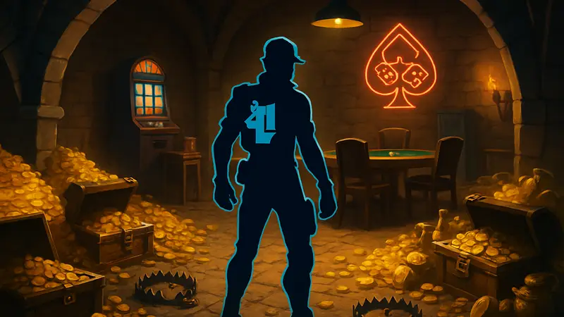 Игровой персонаж Fortnite внутри секретной игорной комнаты, полной сокровищ и ловушек.