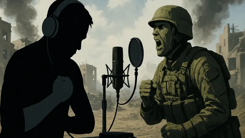 Бенс Пайор, аудиодизайнер Battlefield, во время записи звуков, с изображением кричащего солдата