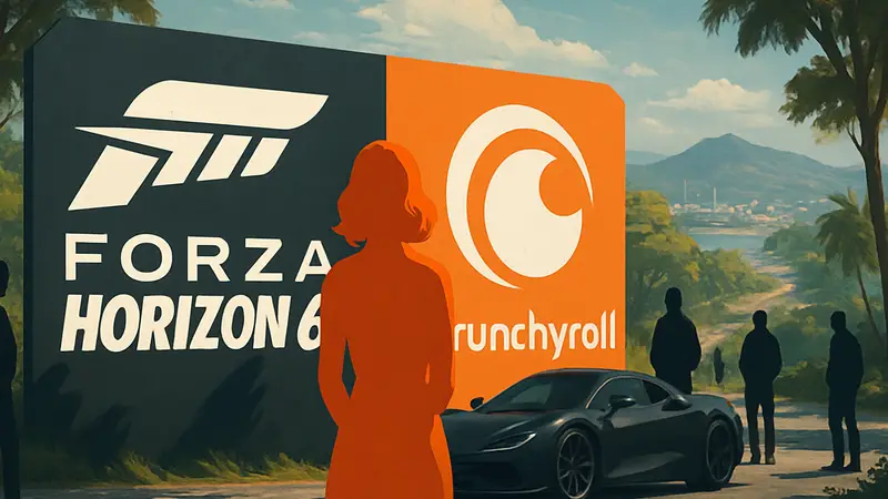 Логотипы Forza Horizon 6 и Crunchyroll рядом, символизирующие эксклюзивный подарок для фанатов.