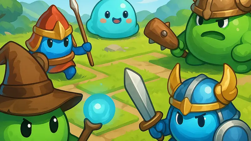 Скриншот или промо-арт из игры Summoner Slime с изображением слизней-героев, демонстр ирующий элементы RPG и стратегии.